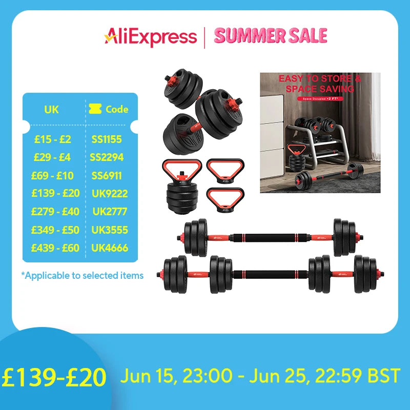 3-in-1 Dumbbells Set 20 kg Adjustable Dumbbells with Extra Barbell Bar