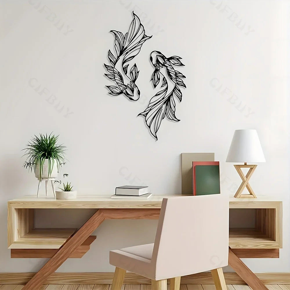 2pcs Koi Metal Wall Art, Fish School Home Interior Wall Decoration, Living Room