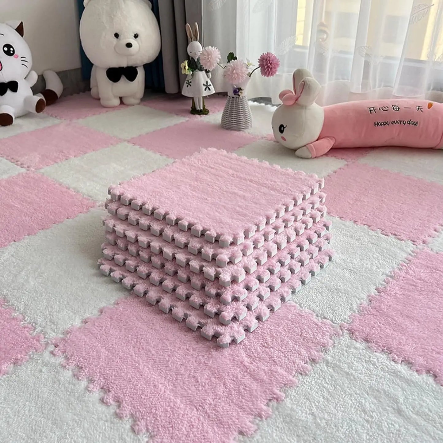 5-20 Pcs Plush Puzzle Foam Floor Mat, Soft Fluffy Interlocking Square Foam