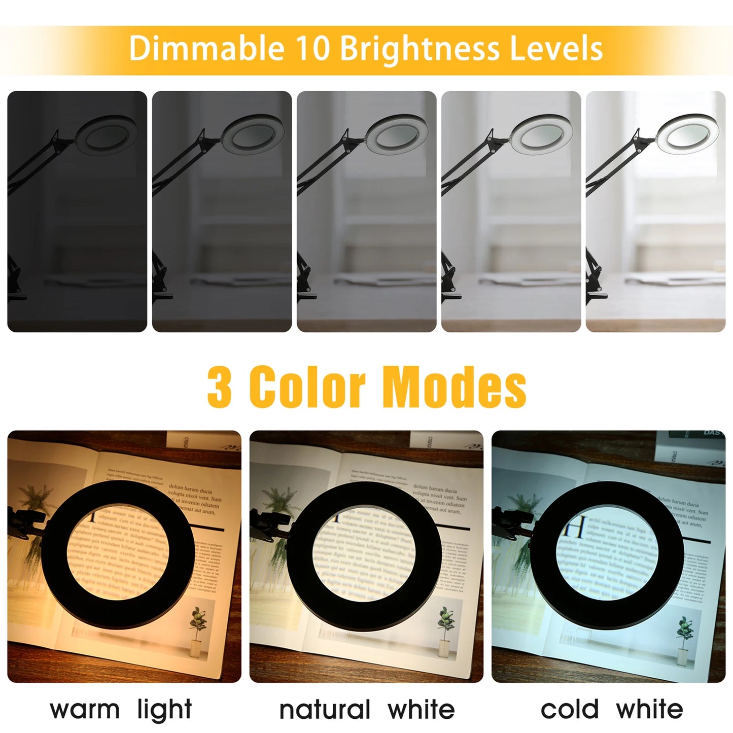 Tomshine Flexible Clamp-on Table Lamp with 8x Magnifier Glass Swing Arm