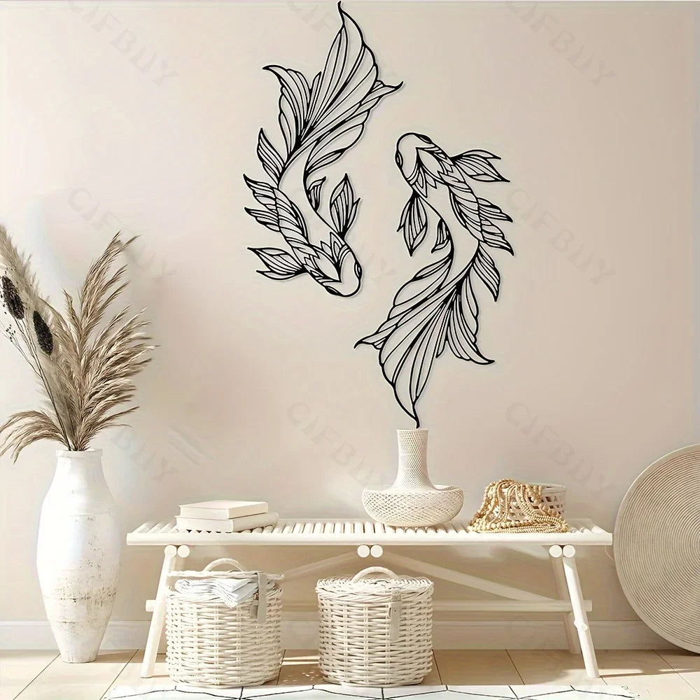 2pcs Koi Metal Wall Art, Fish School Home Interior Wall Decoration, Living Room