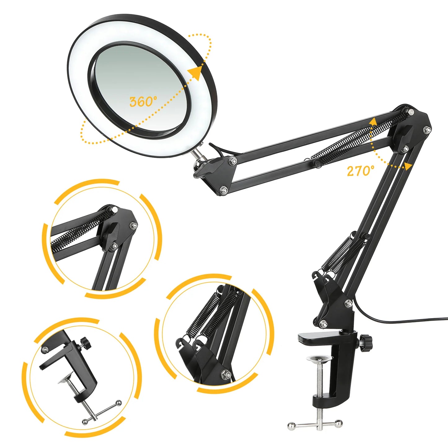 Tomshine Flexible Clamp-on Table Lamp with 8x Magnifier Glass Swing Arm
