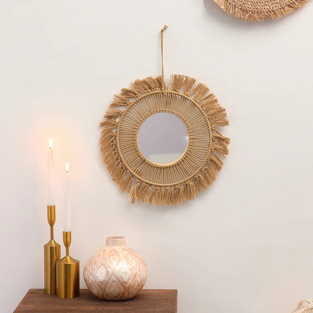 Round Wall Mirrors Room Decor Hand Woven Decorative Mirror Wall Hanging
