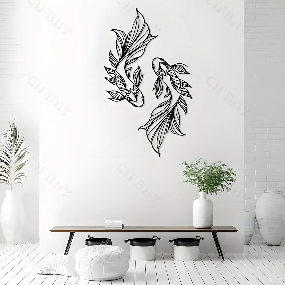 2pcs Koi Metal Wall Art, Fish School Home Interior Wall Decoration, Living Room
