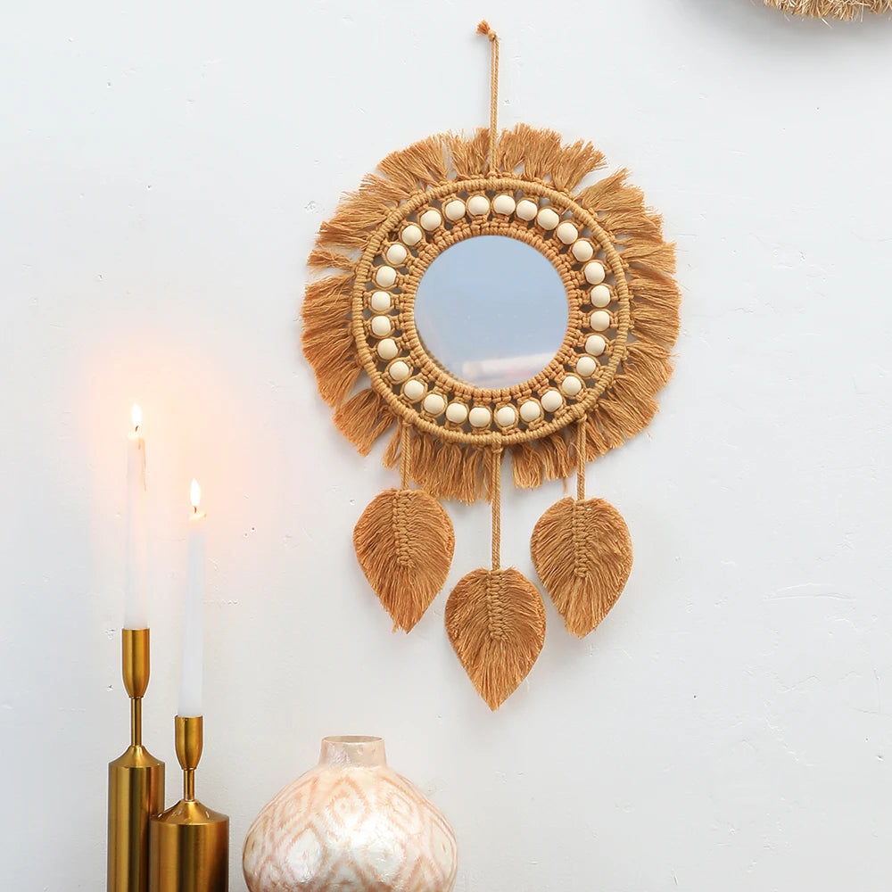 Round Wall Mirrors Room Decor Hand Woven Decorative Mirror Wall Hanging