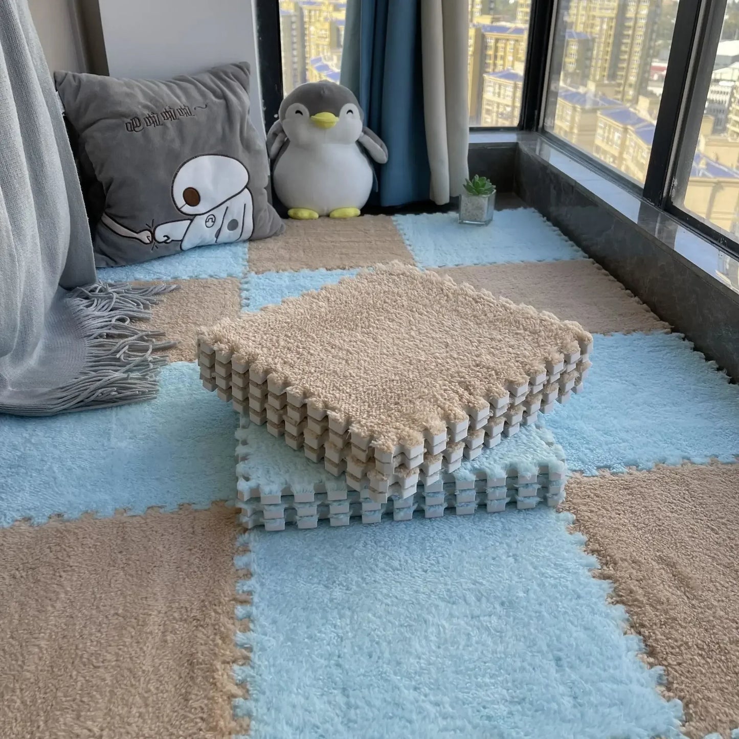 5-20 Pcs Plush Puzzle Foam Floor Mat, Soft Fluffy Interlocking Square Foam