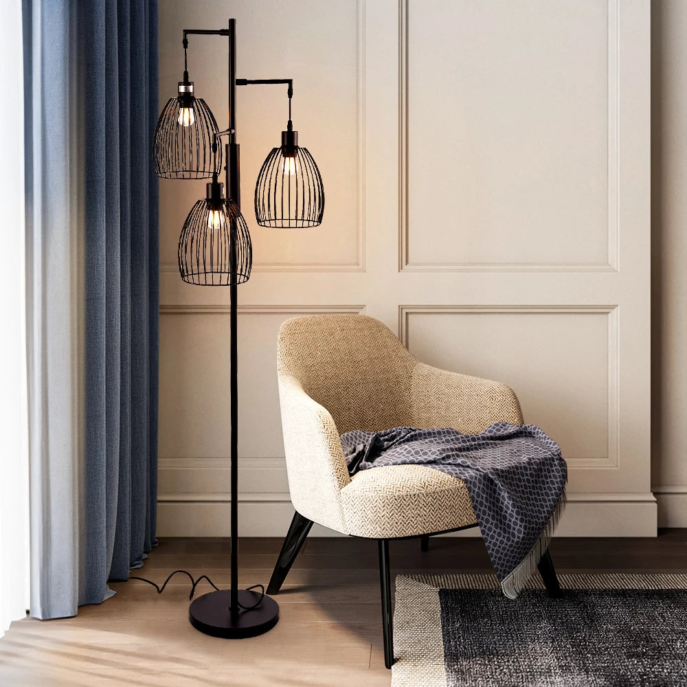 KOMORE Black Modern Industrial Style 3-head Floor Lamp with Irregular Shade