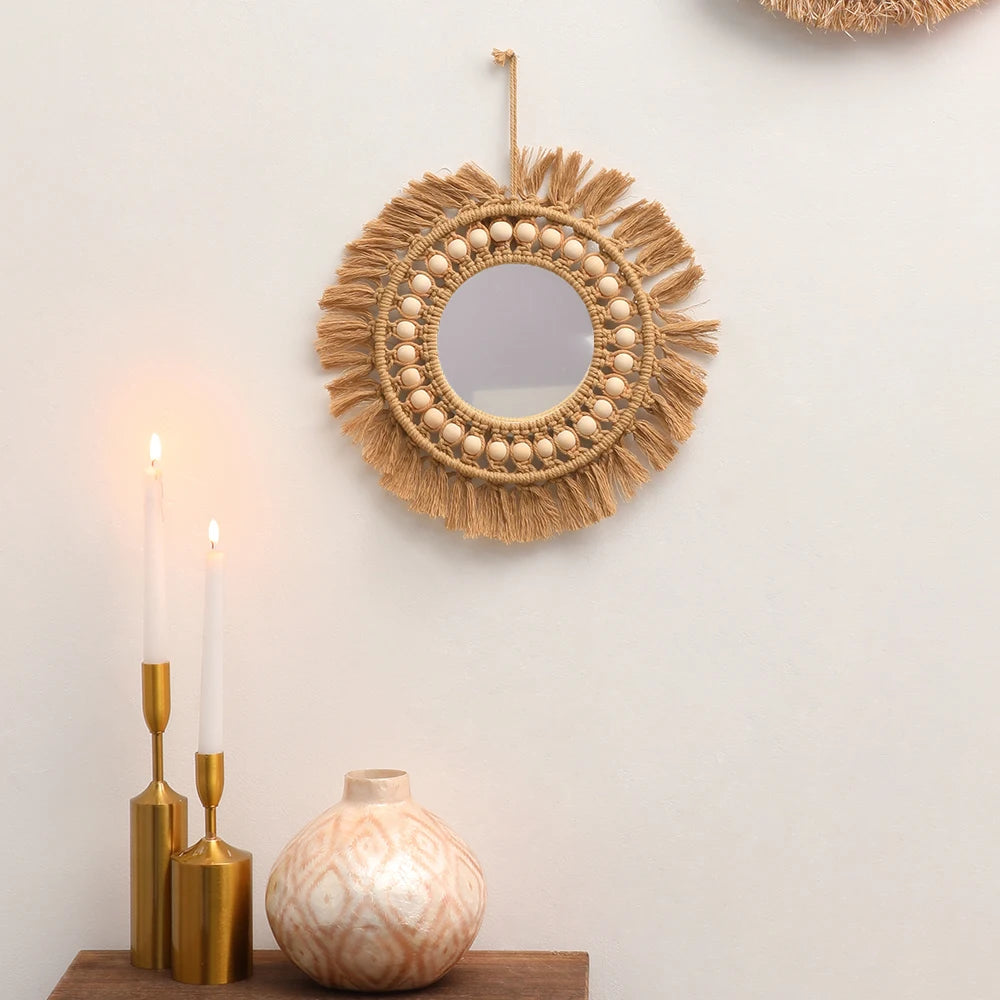 Round Wall Mirrors Room Decor Hand Woven Decorative Mirror Wall Hanging