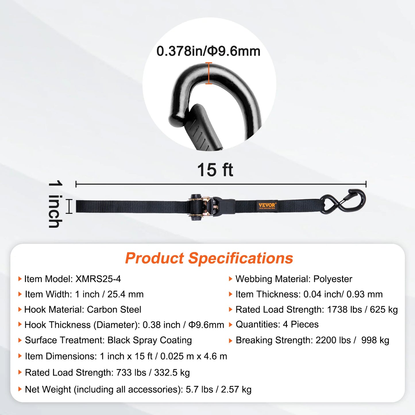 VEVOR 4pcs Trailer Ratchet Tie Down Straps with Padded Handles Hook Brake