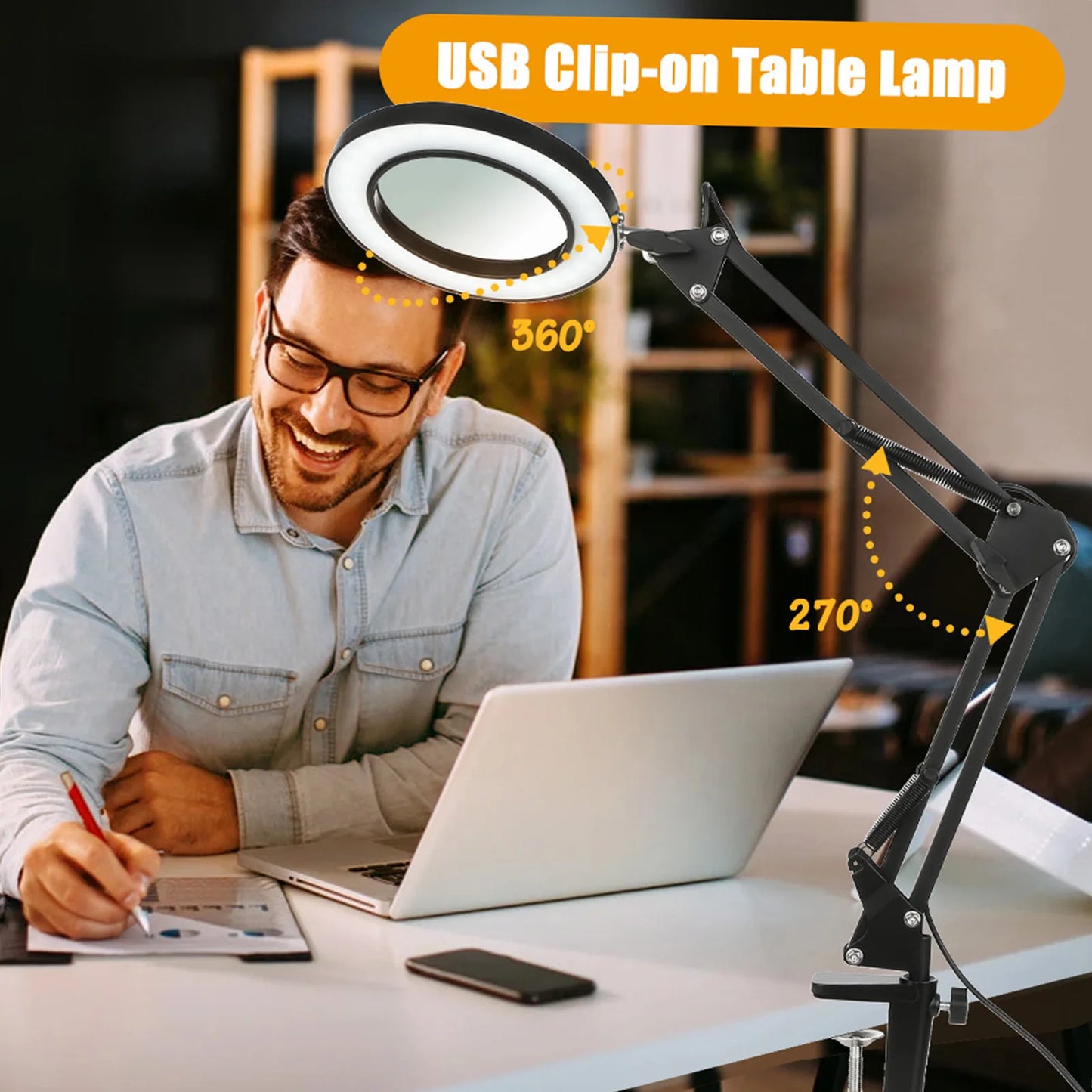 Tomshine Flexible Clamp-on Table Lamp with 8x Magnifier Glass Swing Arm