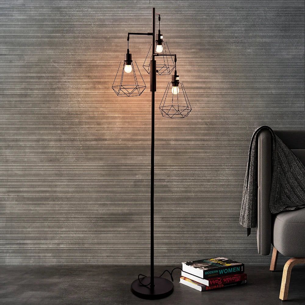 KOMORE Black Modern Industrial Style 3-head Floor Lamp with Irregular Shade
